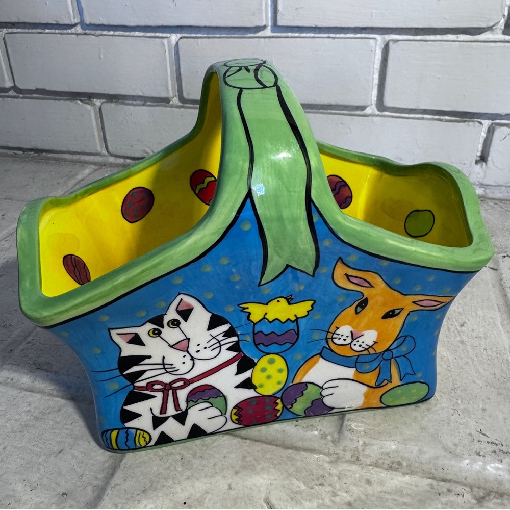 Candace Reiter "Catzilla" Easter Themed Ceramic Basket Bright Colors Cats/Bunny